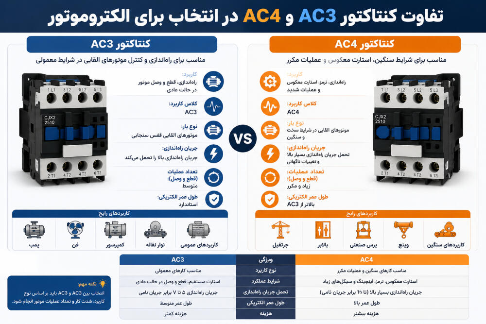 تفاوت کنتاکتور AC3 و AC4 در انتخاب برای الکتروموتور