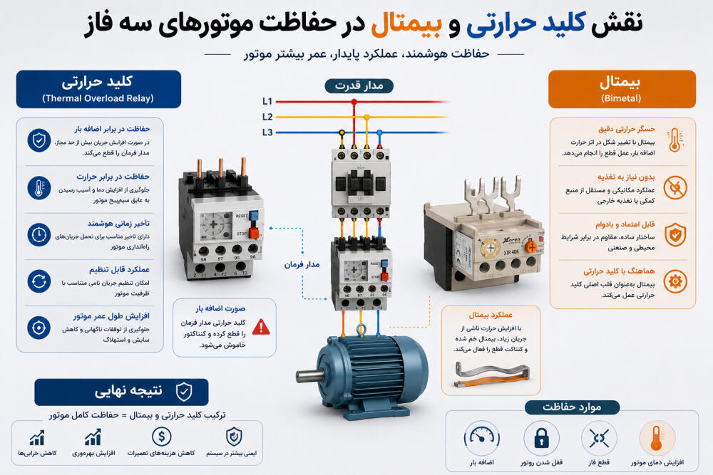 نقش کلید حرارتی و بیمتال در حفاظت موتورهای سه فاز