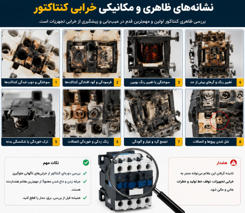 نشانه های ظاهری و مکانیکی خرابی کنتاکتور
